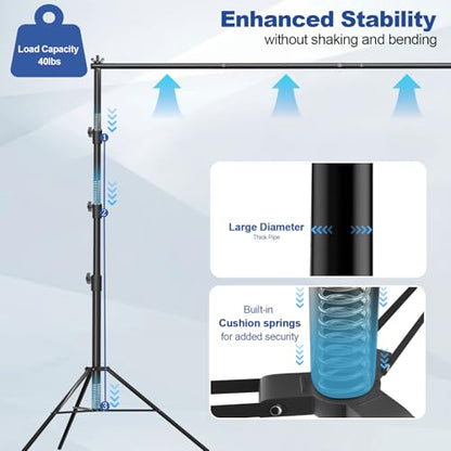 Photo Video Studio 10 x 10ft Heavy Duty Backdrop Stand, Adjustable Photography Background Support System Kit with Shock-Proof Spring, Carrying Bag, 6 Clamps - size: 10×10ft