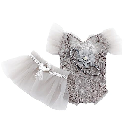 Baby Photography Props Outfit Lace Rompers Newborn Girl Photo Shoot Outfits Flower Headband Princess Costume - color: Grey B