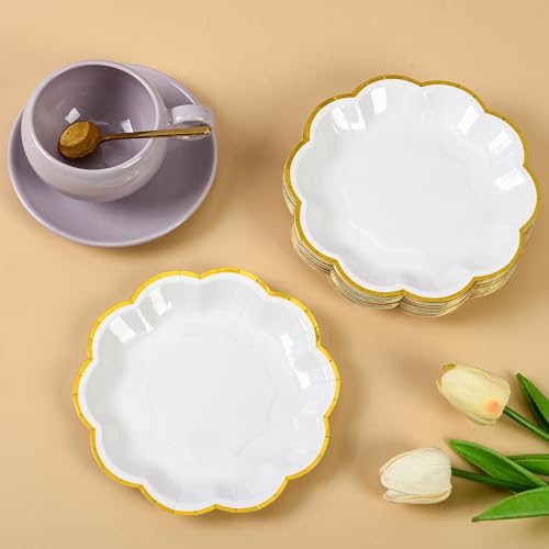 AimFun White Golden Party Plates Gold Foil Dessert Paper Plate 7inch Scalloped Edge Disposable Cake Plates for Tea Party Birthday Bridal Baby Shower Wedding Party Supplies (48, White) - color: White