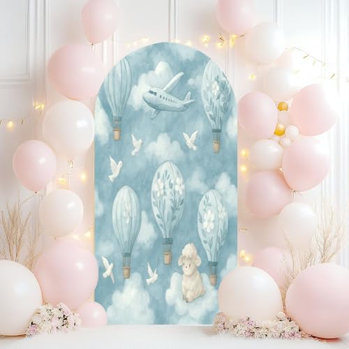 Wedding Arch Backdrop Cover 7.2FT Hot Air Balloon Cartoon Animal Blue Sky Cloud Airplane Birds Balloons Spandex Fitted Arch Cover Round Top Stands Cover for Birthday Party Ceremony Banquet Decoration - color: Color20, size: 7.2x3.6 FT