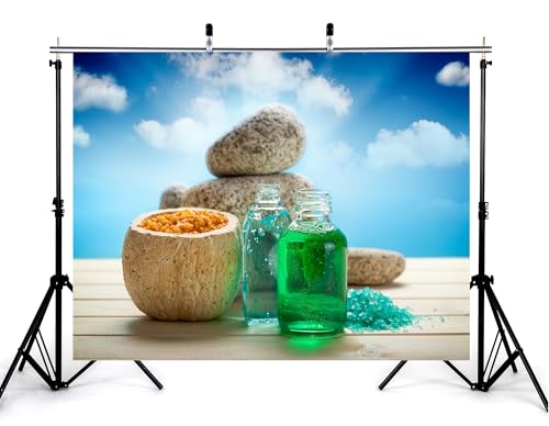6x4ft Green Spa Backdrop with Turquoise Bath Salts and Stacked Stones Photography Background for Skincare Relaxation and Summer Party Decorations Banner Photo Booth Props - size: 6x4ft
