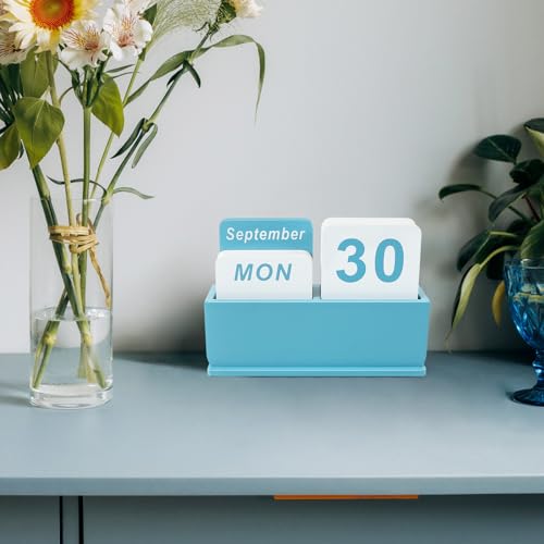 Wooden Block Perpetual Calendar for Desk, Daily Desktop Standing Flip Calendar with Large Display, Modern Farmhouse Aesthetic Desk Accessories for Home Office Decor, Reusable Yearly, Blue - color: Blue