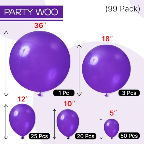 PartyWoo Dark Purple Balloons 99pcs Different Sizes of 36 18 12 10 5 Inch Royal Purple Balloon Arch Kit for Birthday Baby Shower Graduation Anniversary Bachelorette Party Decorations Purple-Y16 - color: Purple-y16