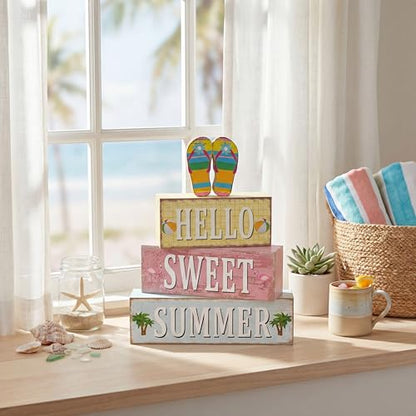 Geelin 4 Pcs Summer Decorations Wooden Sign Hello Summer Flip Flop Table Centerpiece Tiered Tray Decor Beach Farmhouse Blocks Table Top Sign for Home - style: Summer