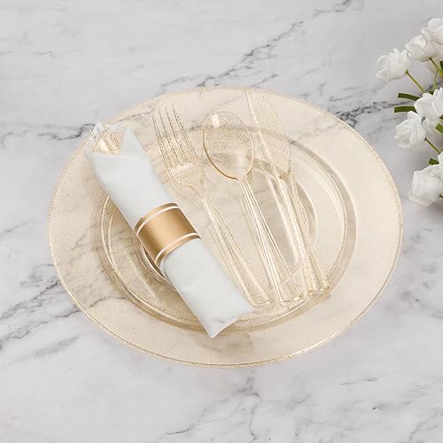 Goodluck 100 Pack Pre Rolled Gold Glitter Plastic Silverware, Wrapped Cutlery Set with Napkin Include 100 Forks, 100 Knives, 100 Spoons and 100 Napkins, Fancy Disposable Silverware for Party, Wedding - size: 100pc, style: Gold Glitter