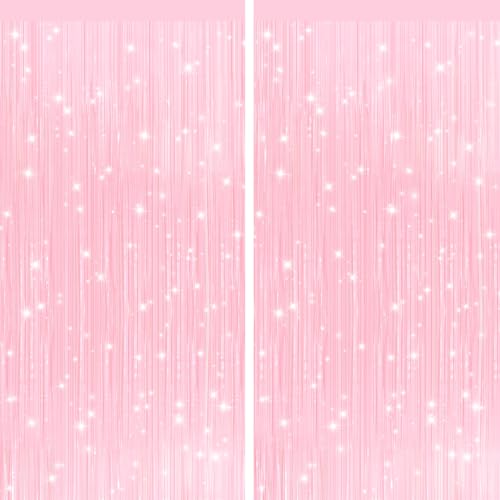 2Pack Pastel Pink Metallic Tinsel Foil Fringe Curtains, Pink Backdrop, Door Streamers Photo Booth Backdrop for Birthday Party, Tinsel Curtain Backdrop for Shower Bachelorette Xmas Party Decorations - color: 2pack Macaron Pink Streamers
