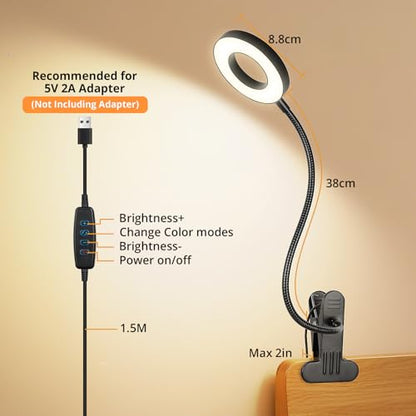 Woputne Desk Lamp Clip Light, 10 Dimmable Brightness 3 Light Modes Reading Light, Clamp Bedside Lamp for Painting, Craft, Study (Black) - color: Black, size: Not Included Adapter
