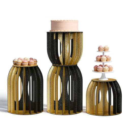 4PCS Cylinder Stands for Party, Black Golden Cylinder Pedestal Stand, Cilindros Para Fiestas Cake Table Stand for Parties Plant Stand Cylinder Tables for Parties Round Cylinder Stands for Party - color: Black Golden