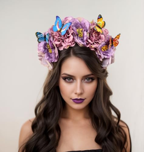 Elegant Butterfly Flower Headband for Women Boho Handmade Rose Floral Crown Wedding Bridal Festivals Cosplay Prom Photo Props Headpiece (B4 purple, Adjustable) - color: B4 purple