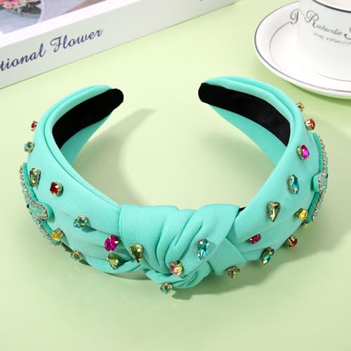 NVENF Easter Headband for Women Beaded Easter Rabbit Bunny Headband White Pink Crystal Pearl Knotted Hairband Happy Easter Hair Accessories Spring Holiday Headwear Outfits Gifts (Bunny A -Blue) - color: Bunny A -Blue