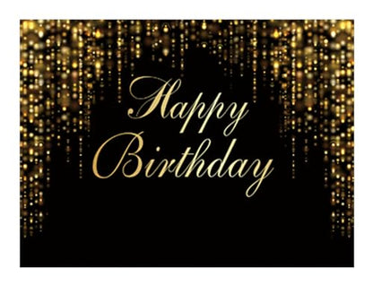 Funnytree 96" x 72" Happy Birthday Party Backdrop Black and Gold Glitter Bokeh Sequin Spots Photography Background Golden Sparkle Shining Dots Baby Abstract Milestone Banner Cake Table Decor Photo - size: 96 X 72 in