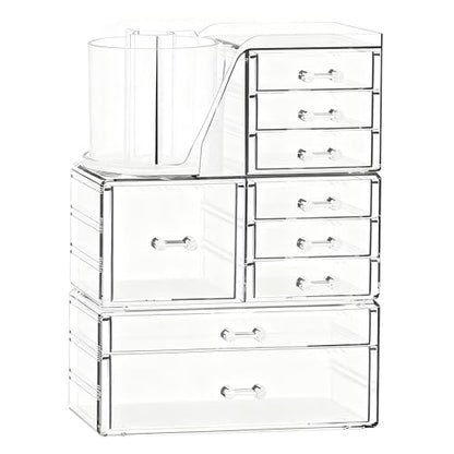 ShineMe Clear Makeup Organizer with 9 Drawers, 3 Tier Stackable Makeup Storage Organizer with Rotating Brush Holder, Acrylic Countertop Makeup Organizer for Vanity Skincare Jewelry Hair Accessories