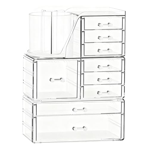 ShineMe Clear Makeup Organizer with 9 Drawers, 3 Tier Stackable Makeup Storage Organizer with Rotating Brush Holder, Acrylic Countertop Makeup Organizer for Vanity Skincare Jewelry Hair Accessories