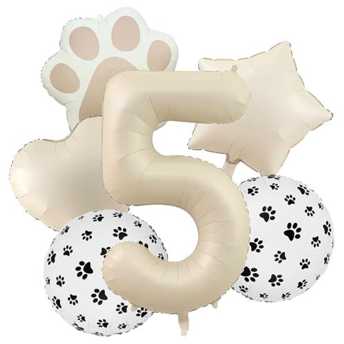 5th Birthday Dog Paw Balloons Set,18'' Paw Prints, Heart,Star,Paw Shaped Foil Balloon 40 Inch Cream Number 5 Helium balloons for Puppy Themed Third Anniversary Birthday Party Decorations Supplies 6PCS - color: Cream-5