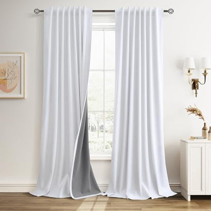 Guken Beige White 100% Blackout Linen Curtains 84 Inches Long 2 Panels Back Tab Hook Belt Country Farmhouse Black Out Room Darkening Thermal Insulated Noise Reducing Curtain Living Room Bedroom 52x84 - color: Beige White, size: 52"W x 84"L (Pack of 2)