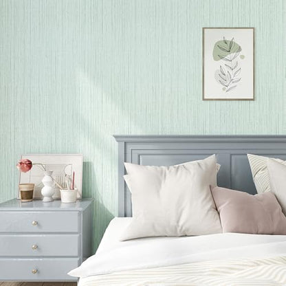 VEELIKE Light Green Grasscloth Peel and Stick Wallpaper Textured Grass Cloth Wallpaper 15.7''x354'' Removable Faux Linen Fabric Vinyl Self Adhesive Green Contact Paper for Cabinets Bedroom Bathroom - color: Light Green, size: 15.7" x 354"