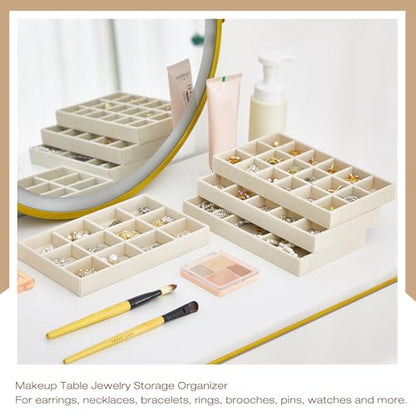 Junkin 12 Pcs Jewelry Tray Velvet Stackable Jewelry Organizer Trays Divided Earring Accessories Storage Containers Box (Rose Red) - color: Beige