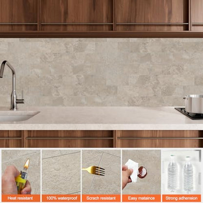 10 Sheet Stone Beige Peel and Stick Backsplash, 12’’Luxury Ceramic Look Self Stick Subway Tiles, Waterproof Peel and Stick Wall Tiles for Kitchen and Bathrrom - color: Stone Beige