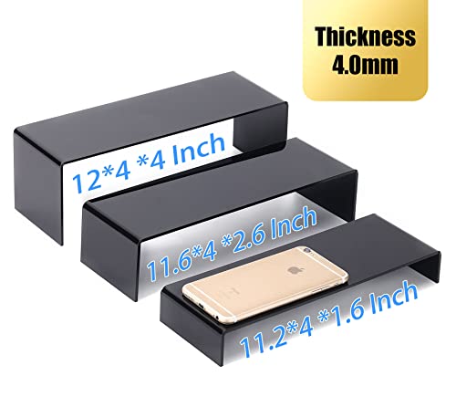 ANDGOO 6Pcs Large Acrylic Risers, 2 Set(11.2”L~11.6”L~12”L) Black Rectangular Showcase Collectibles Display Shelf, Retail Desktop Display Stand for Organize and Decoration - color: Black, size: 6Pcs (11.2”L~11.6”L~12”L)