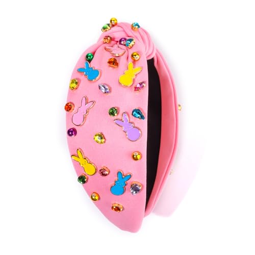NVENF Easter Headband for Women Beaded Easter Rabbit Bunny Headband White Pink Crystal Pearl Knotted Headbands Happy Easter Hair Accessories Spring Holiday Headwear Outfits Gifts (Bunny C - Pink) - color: Bunny C - Pink