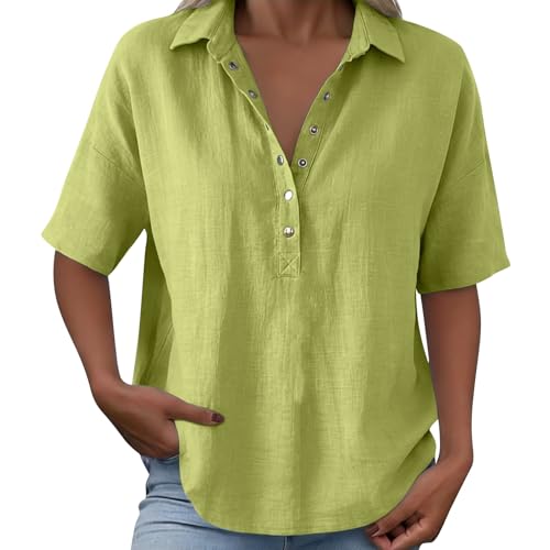 Cotton Linen Shirts for Women 2026 Summer Gauze Shirts Button Down V Neck Half Sleeve Blouses Dressy Casual Clothes - color: Green, size: Small
