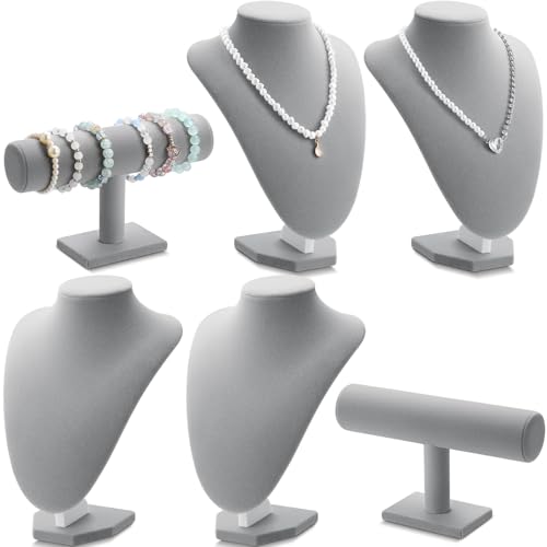 Huquary 6 Pcs Velvet Jewelry Display Set Necklace Display Stand T Bar Bracelet Holder Jewelry Bust for Home Store Trade Show(Gray) - color: Gray