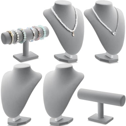 Huquary 6 Pcs Velvet Jewelry Display Set Necklace Display Stand T Bar Bracelet Holder Jewelry Bust for Home Store Trade Show(Gray) - color: Gray