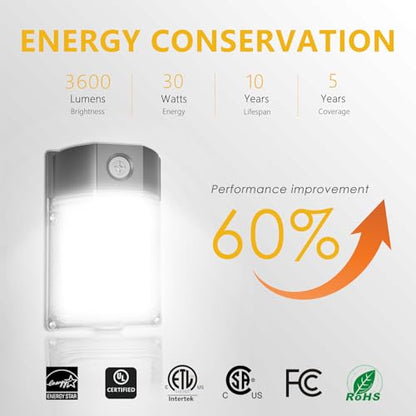 30W LED Wall Pack Light with Dusk to Dawn Sensor, 3600LM, 5000K Daylight, 120Vac Led Porch Lights, IP65 Waterproof Outdoor Security Lighting for Garage Warehouse Garden, ETL Certified, 2 Pack - size: 2 Pack