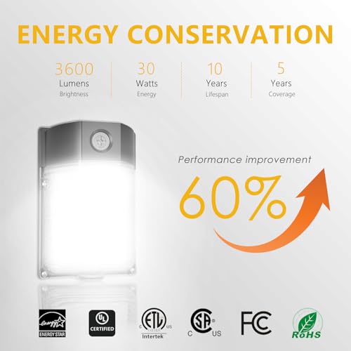 30W LED Wall Pack Light with Dusk to Dawn Sensor, 3600LM, 5000K Daylight, 120Vac Led Porch Lights, IP65 Waterproof Outdoor Security Lighting for Garage Warehouse Garden, ETL Certified, 6 Pack - size: 6 Pack