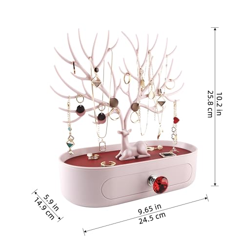 MORE&LESS Red Artificial Leather and Red Crystal Handle Deer Jewelry Display Rack for Ring Earrings Necklace Bracelet - color: D Red PU