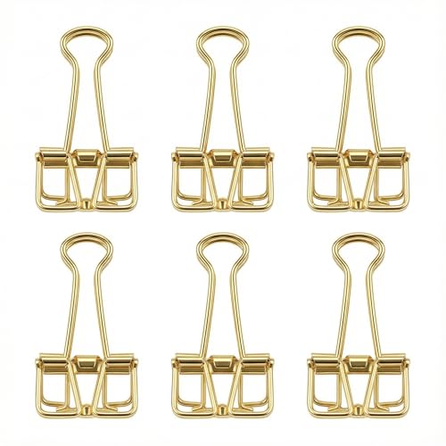 Binder Clips, Gold Hollow Long Tail Paper Clamp Set, 6 Pieces Reusable Metal Document Fasteners for Files, Planners, Desk Organization, Office Supplies - color: Gold