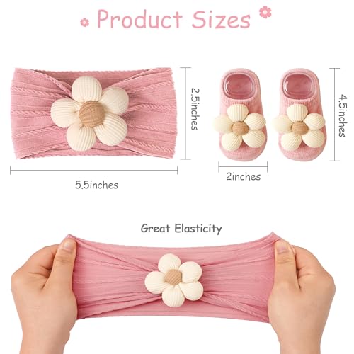 CÉLLOT Baby Girl Headband and Socks, Non-Slip Floral Socks and Soft Floral Nylon Hairbands for Babies Infants and Toddlers - color: Pink+Beige（Socks）
