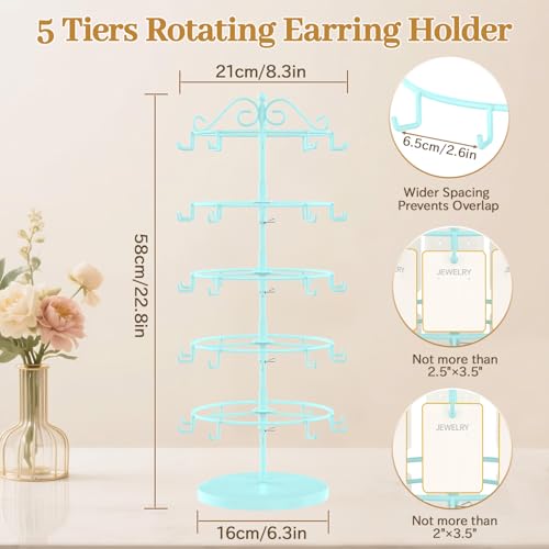 MODOWEY Earring Card Display Stand for Vendors, 50 Hooks Metal Rotating Organizer Rack Holder, 5 Tier Adjustable Jewelry Tree for Stud Pierced Dangle Selling, Boost Sales Compact Earing Hanger, Blue - color: Blue