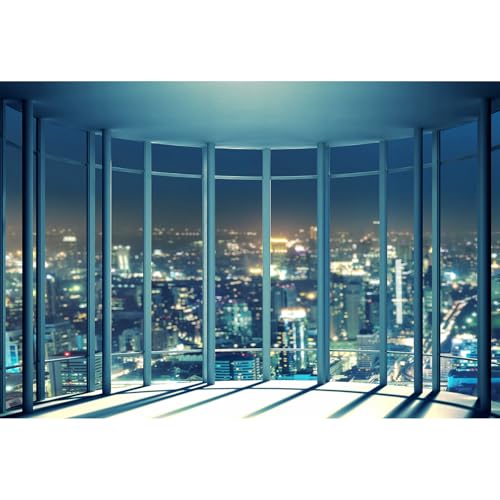 French Window New York City Backdrop Night View Modern Office Skyscrapers Cityscape Photography Background Fashion French Window Theme Backdrop Decorations for Live Streaming Studio Props 5x3ft - color: Dark Blue, size: 5x3ft