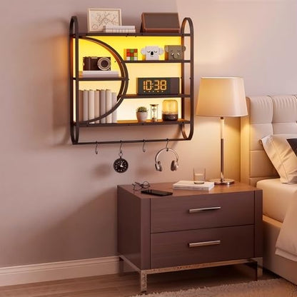 HOOBRO Gaming Floating Shelf with LED Lights, 28.9" LED Wall Mounted Shelf, 5-Tier Display Rack for Wall Storage, Floating Rack with Hanging Rod and 4 S-Hooks, Rustic Brown and Black BF50DBJ01 - color: Rustic Brown + Black