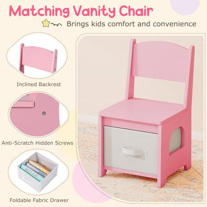 Costzon Kids Vanity, Girls Vanity Set with Lighted Mirror, Bookshelf, Drawers, Hooks & Storage Shelves, Toddler Makeup Vanity Desk Dressing Table, Wooden Kids Vanity Table and Chair Set (Pink) - style: Pink with Bookshelf