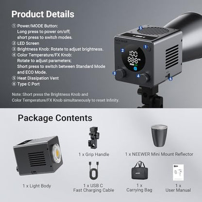 NEEWER 60W Mini LED Video Light with 50Wh Battery/100W PD Fast Charging, APP/2.4G Control/NFC, Bi Color Dimmable COB Studio Continuous Output Lighting 44,800 lux/1m 2700-6500K CRI97+ 12 Scenes, HB60B