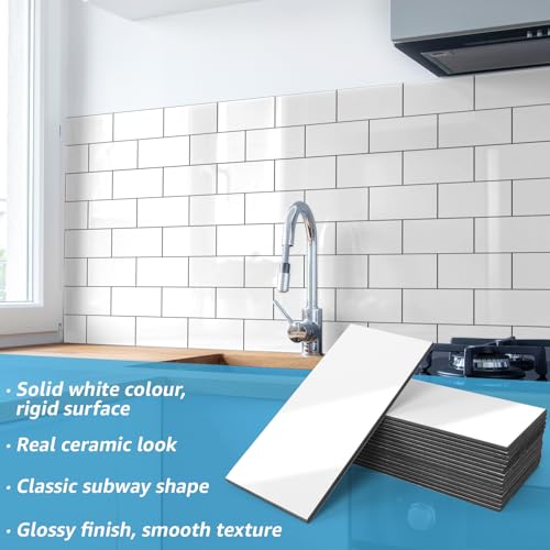 Art3d 102-Piece Peel and Stick Wall Tile for Kitchen Backsplash, Bathroom, Fireplace, 3in. × 6in. Stick on Subway Tile, Glossy White - color: Glossy White