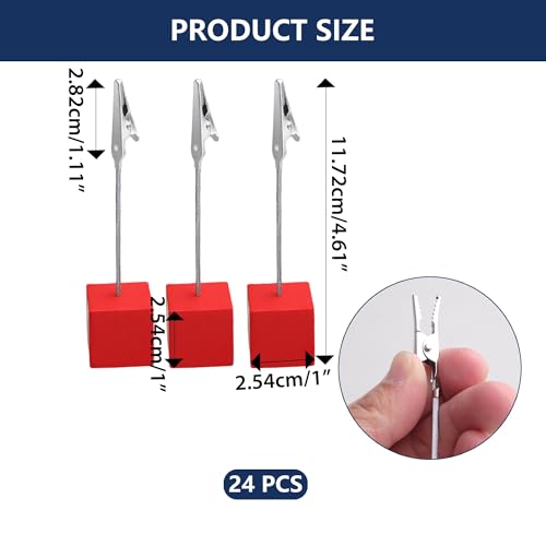 24PCS Wooden Cube Memo Holders with Alligator Clips Table Number Stands, Base Memo Clip Holder Photo and Card Display Clips for Wedding, Event, Office Desk Use (Red) - color: Red