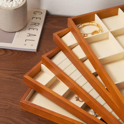 Oirlv 24 Grid Wood Jewelry Tray Microfiber Interior Jewelry Drawer Organizer Showcase Display Box Ring Earrings Holder - color: Creamy-white 24 grid tray