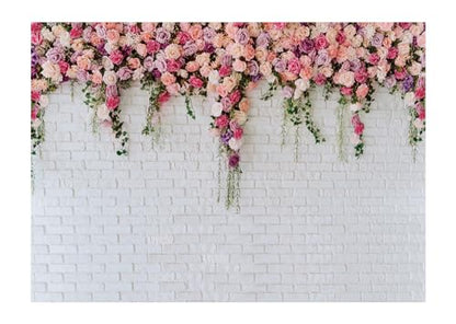7x5ft White Brick Wall Floral Backdrop with Hanging Flowers – Spring Garden Photo Backdrop for Bridal Shower, Baby Shower, Birthday Party, Wedding Photography Decoration - size: 7x5ft