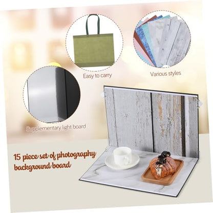 Photo Backdrop Board Set for Small Product Photography, 15pcs Flat Lay Background Kit with Marble, Cement, Wood Patterns, Carry Bag Clips for Food, Jewelry, and Content Creators