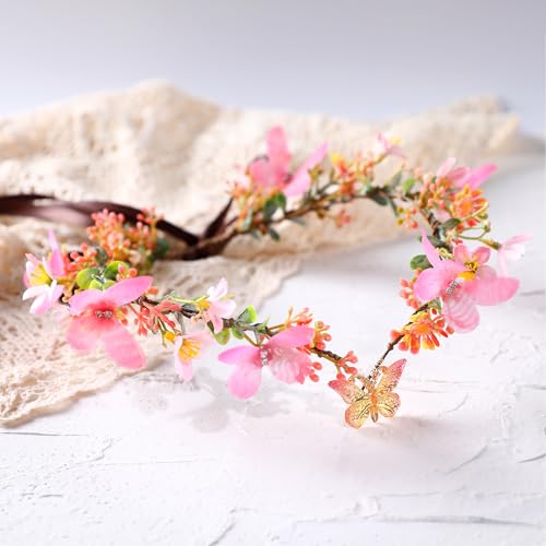 MOSTORY Handmade Fairy Butterfly Crown - Elf Flower Hadpiece Elven Headband for Women s Spring Wedding Maternity Shoot - color: Pink-red