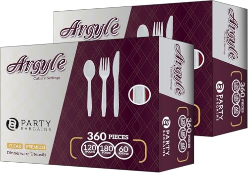 PARTY BARGAINS Argyle White Plastic Cutlery Set 720 -Piece – 360 Forks, 240 Spoons, 120 Knives – Heavy-Duty Disposable Utensils for Parties, Weddings, Buffets, BBQs & Catering – BPA Free - color: Argyle White, size: 720 Pieces