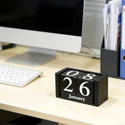 Notakia Black Wooden Block Calendar, Perpetual Desk Calendar, Stylish and Durable Block Calendar for Home and Office - color: Black Small