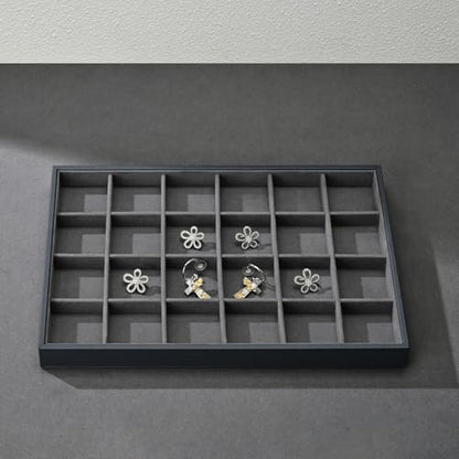 24 Grids Grey Jewelry Organizer Tray Grey Microfiber Jewelry Ring Earrings Display Organizer Tray - size: 24 Grid