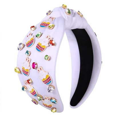 boderier Easter Headband Beaded Bunny Easter Egg Headband Jeweled Crystal Embellished Knotted Holiday Hair Accessories (Basket Bunny-White)