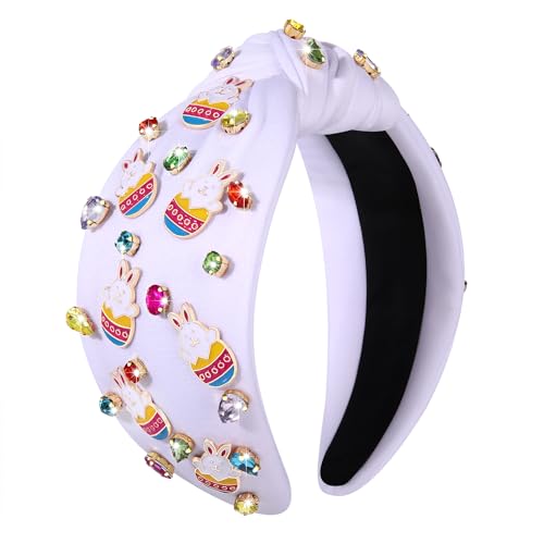 boderier Easter Headband Beaded Bunny Easter Egg Headband Jeweled Crystal Embellished Knotted Holiday Hair Accessories (Basket Bunny-White)
