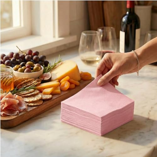 AH AMERICAN HOMESTEAD Paper Cocktail Napkins - Linen-Like Disposable Beverage Bar Napkins 4.75" x 4.75" - Bulk Square Napkins - Ideal for Party or Wedding (Pink -100 Count) - color: Pink, size: 4.75 x 4.75