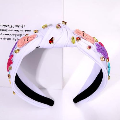 NVENF Easter Headband for Women Beaded Rabbit Bunny Headband White Pink Crystal Pearl Knotted Headbands Happy Easter Hair Accessories Spring Holiday Headwear Outfits Gifts (Bunny E-White) - color: Bunny E-White